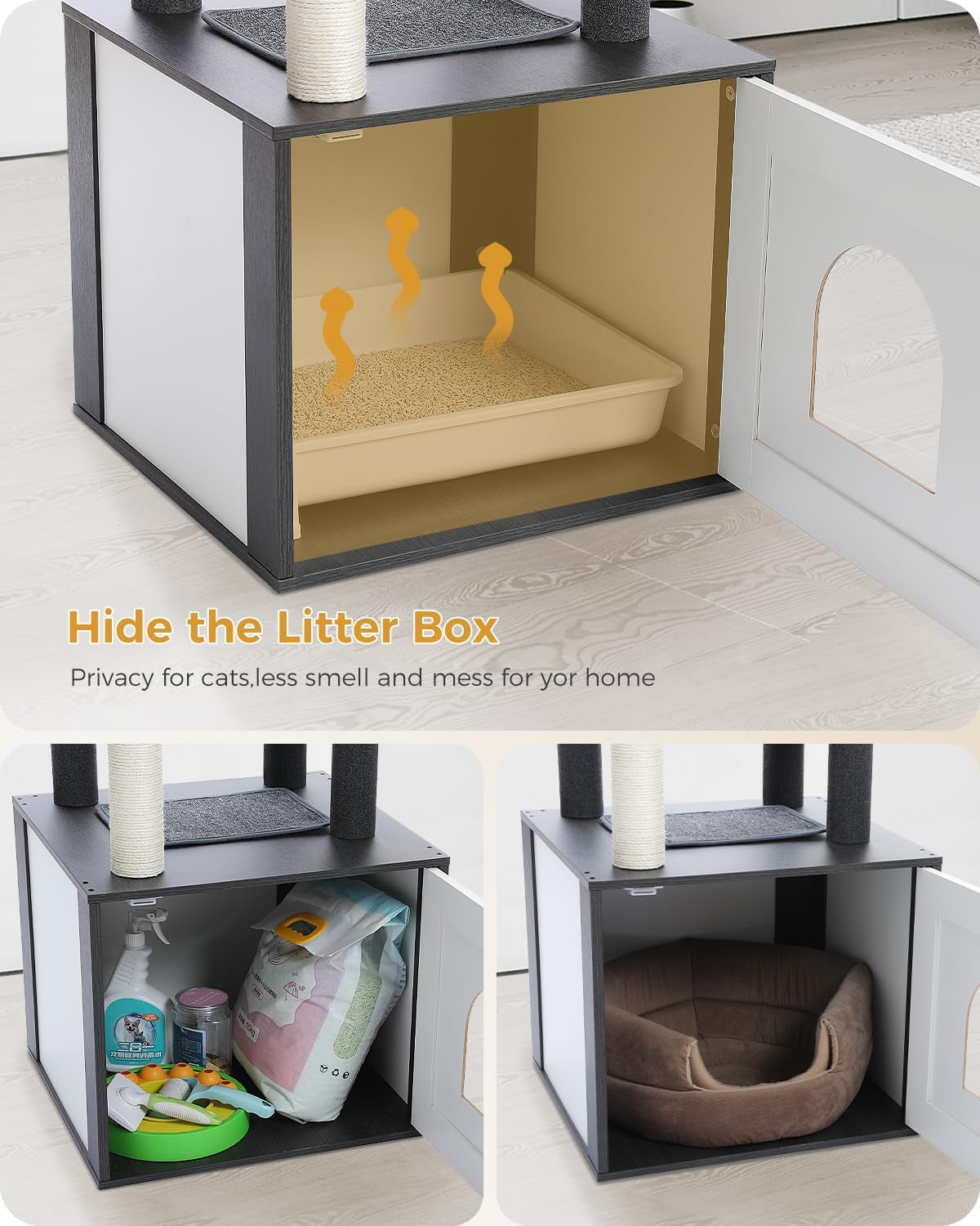 56.7" Cat Tree with Litter Box Enclosure & Storage – Multi-Level Tower with Condo, Scratching Posts & Toys 