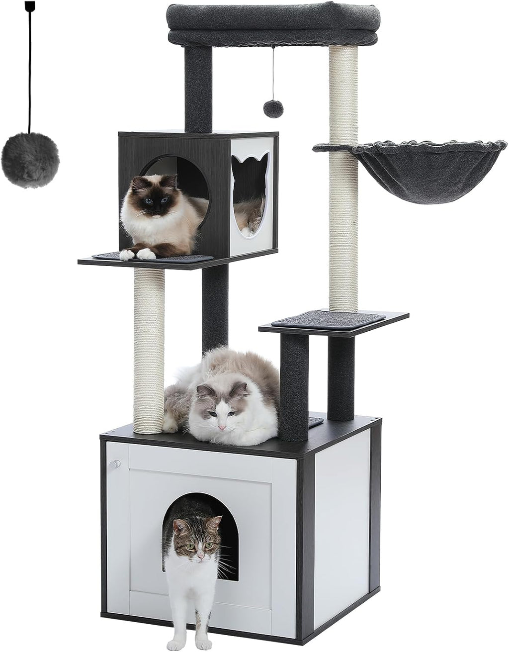 56.7" Cat Tree with Litter Box Enclosure & Storage – Multi-Level Tower with Condo, Scratching Posts & Toys 