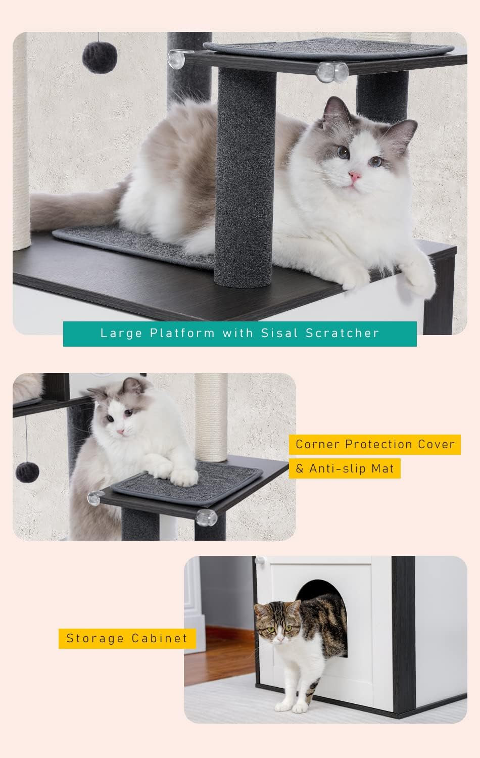 56.7" Cat Tree with Litter Box Enclosure & Storage – Multi-Level Tower with Condo, Scratching Posts & Toys 