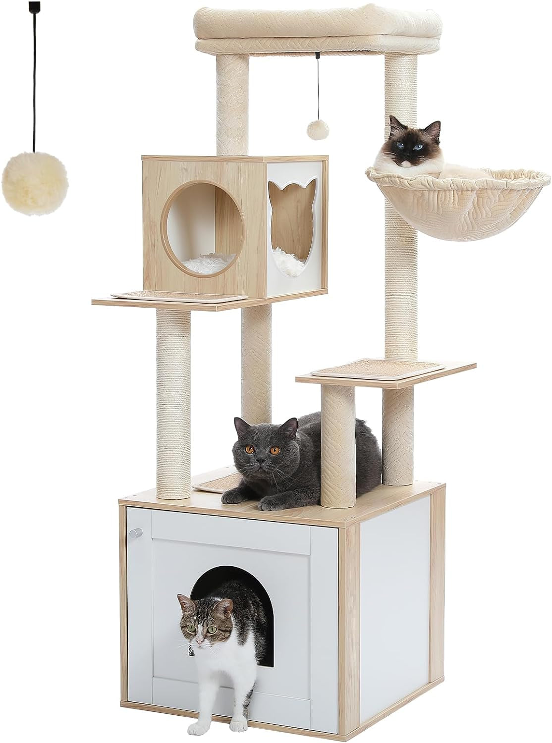 56.7" Cat Tree with Litter Box Enclosure & Storage – Multi-Level Tower with Condo, Scratching Posts & Toys 