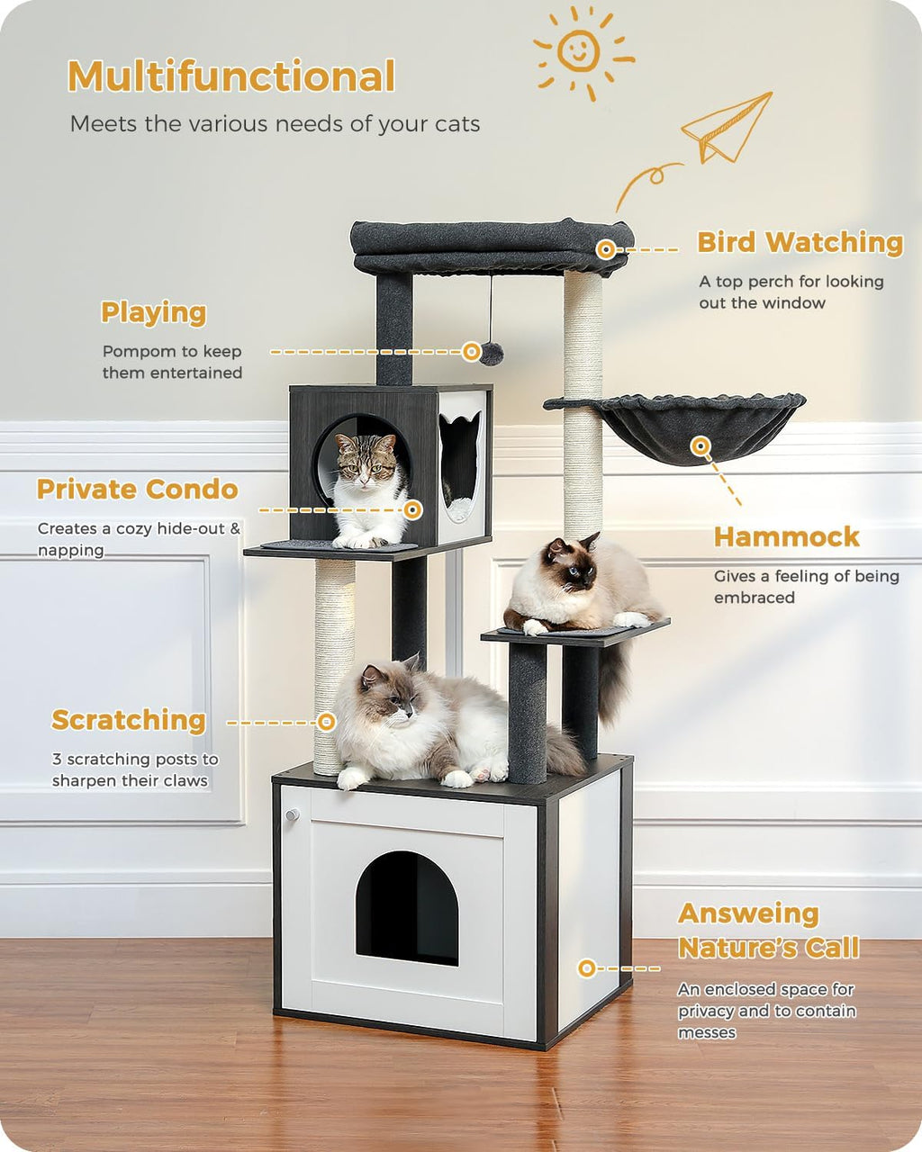 56.7" Cat Tree with Litter Box Enclosure & Storage – Multi-Level Tower with Condo, Scratching Posts & Toys 