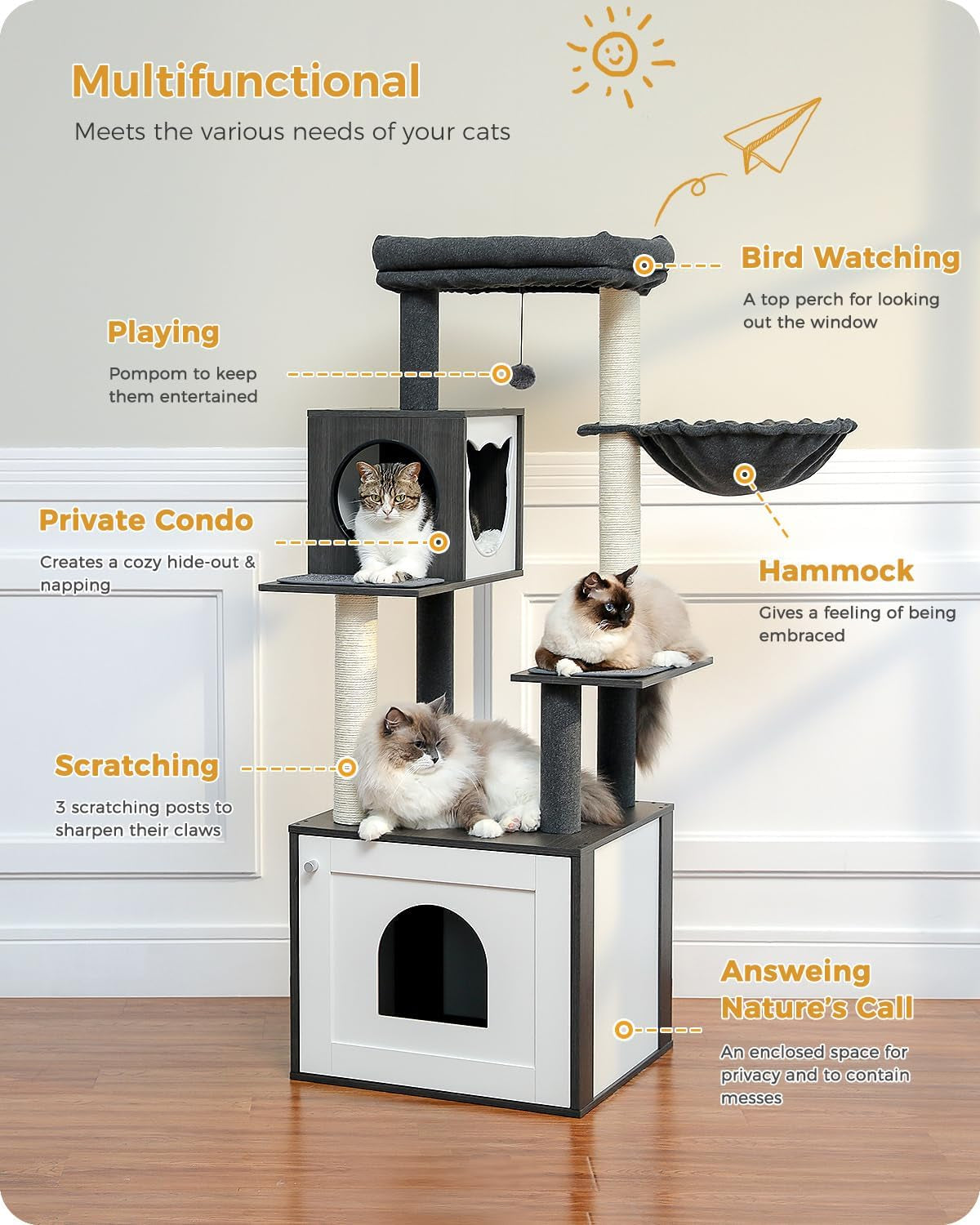 56.7" Cat Tree with Litter Box Enclosure & Storage – Multi-Level Tower with Condo, Scratching Posts & Toys 