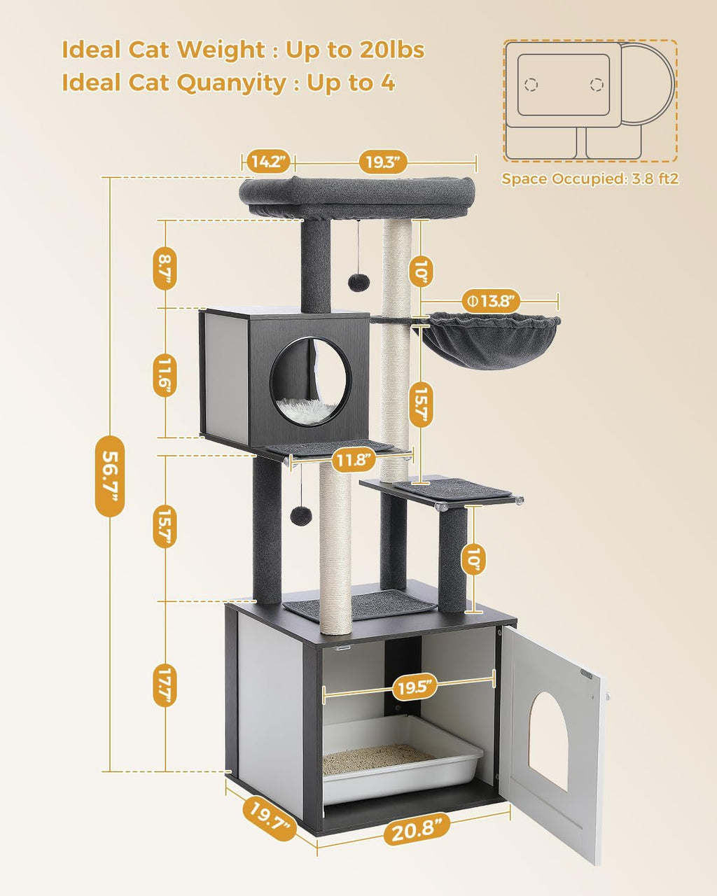 56.7" Cat Tree with Litter Box Enclosure & Storage – Multi-Level Tower with Condo, Scratching Posts & Toys 