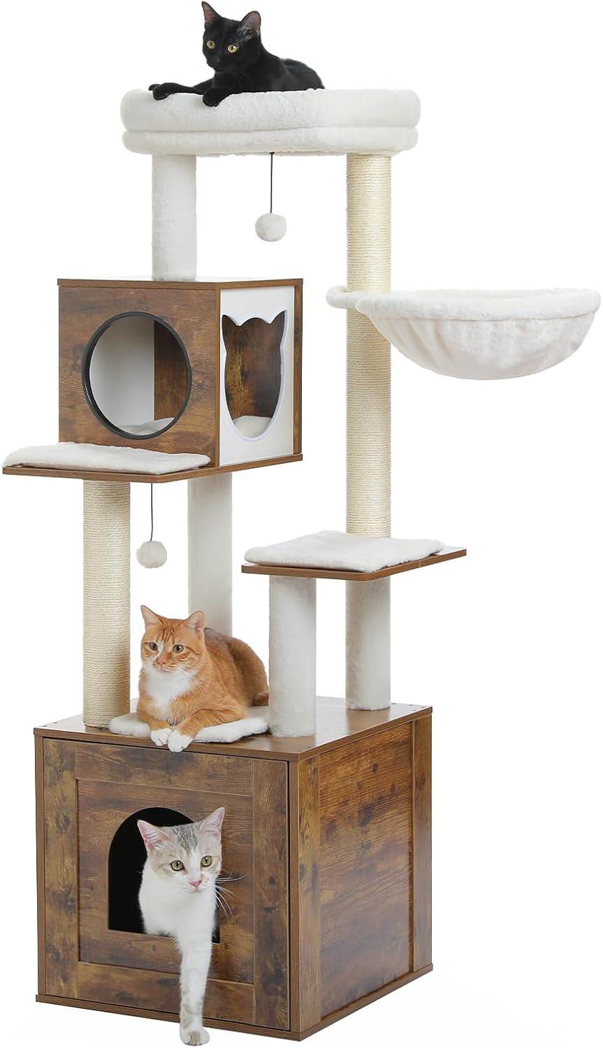 56.7" Cat Tree with Litter Box Enclosure & Storage – Multi-Level Tower with Condo, Scratching Posts & Toys 
