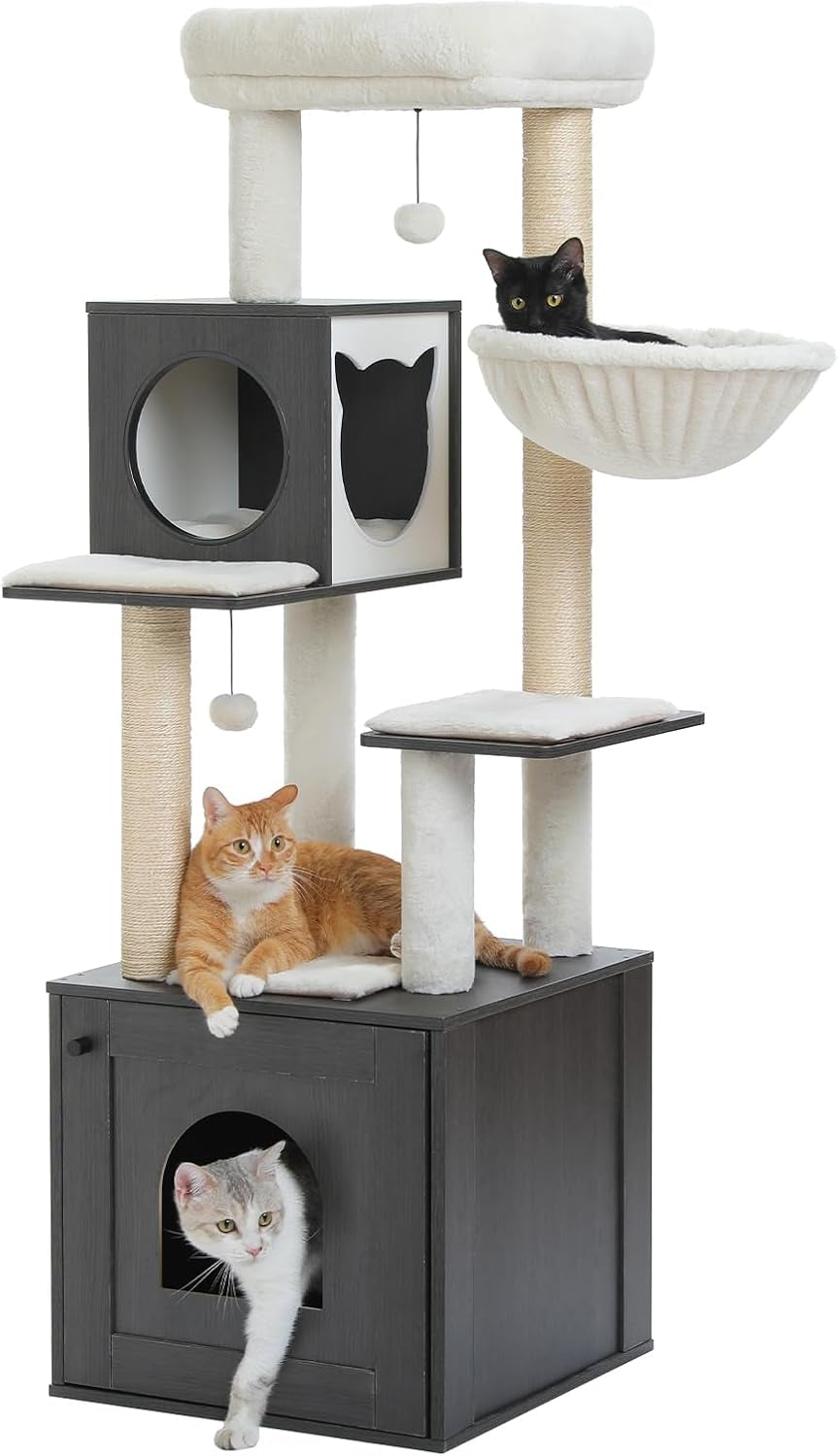 56.7" Cat Tree with Litter Box Enclosure & Storage – Multi-Level Tower with Condo, Scratching Posts & Toys 